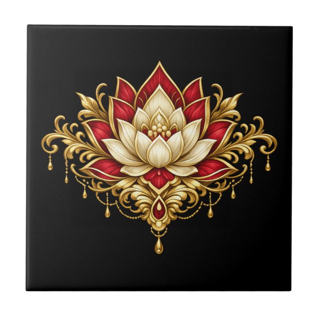 Lotus flower maroon gold black floral indian wall ceramic tile (Front)