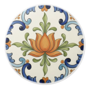 Lotus Flower Mediterranean Blue Cream Ceramic Knob
