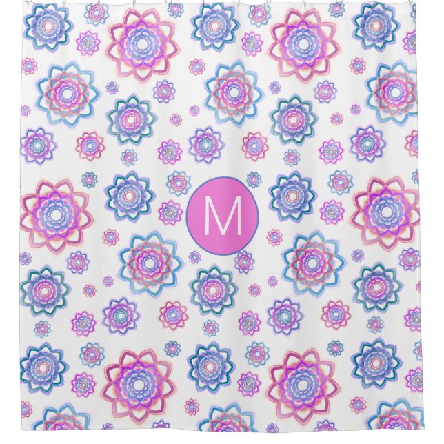 Lotus Flower Modern Monogram Pink Pastel Green Shower Curtain (Front)