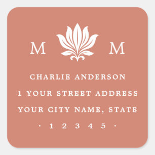 Lotus Flower & Monogram terracotta return address Square Sticker