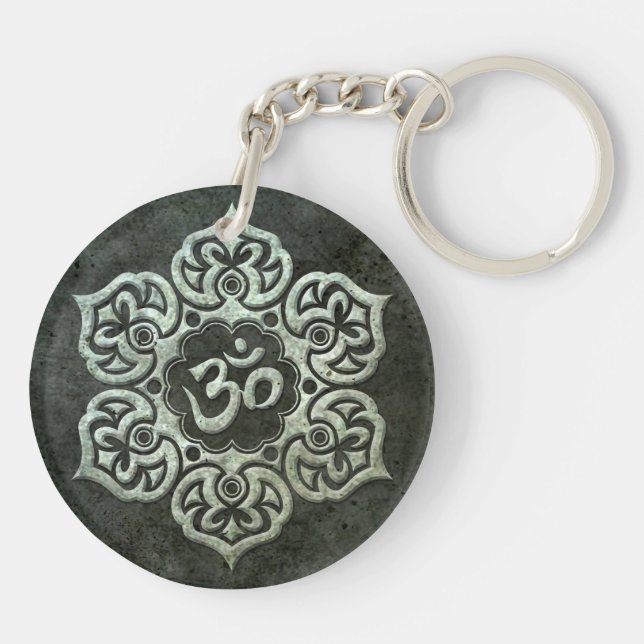 Lotus Flower Om with Aged Steel Effect Keychain (Back)