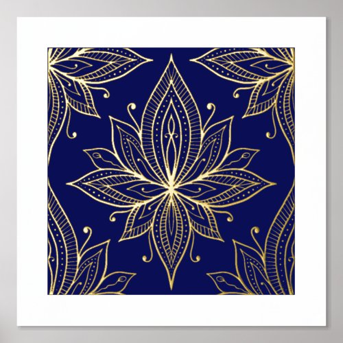 Lotus Flower on Blue Gold Foil Art Print