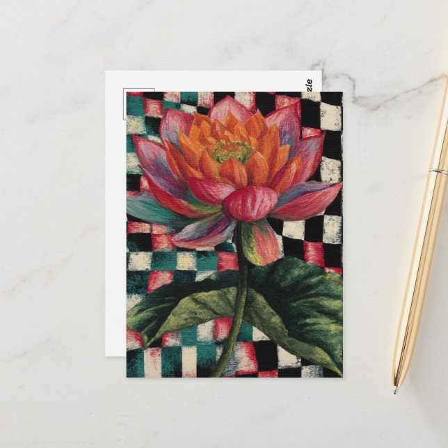 Lotus Flower on Checkerboard Background Postcard (Front/Back In Situ)