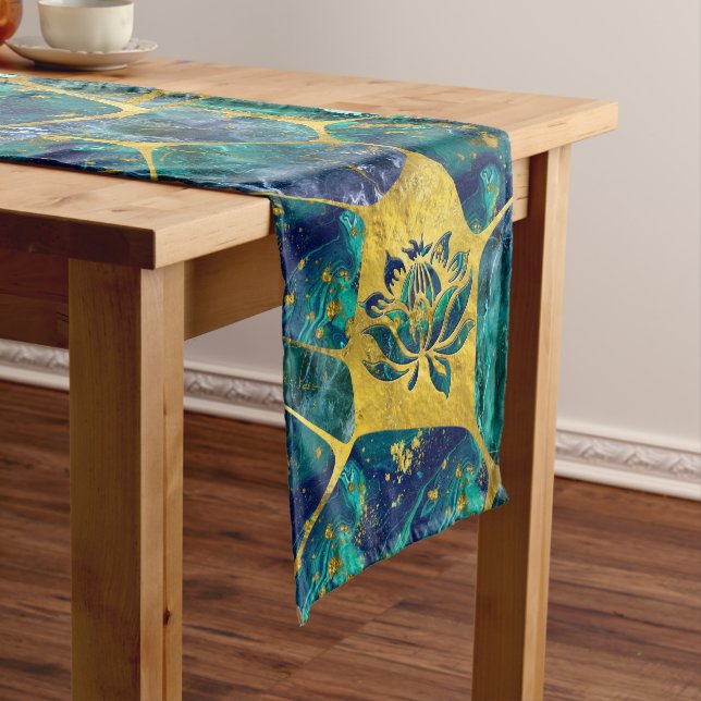 Lotus Flower on Gemstone Crystal Voronoi diagram Short Table Runner (In Situ)