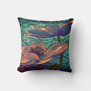Lotus flower on water green gold purple throw pillow