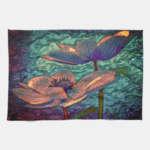 Lotus flower on water green purple gold floral kitchen towel