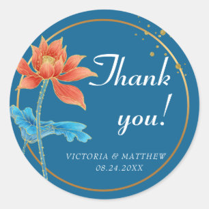 Lotus Flower Orange & Blue Wedding Thank You Classic Round Sticker