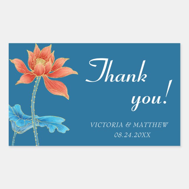 Lotus Flower Orange & Blue Wedding Thank You Rectangular Sticker (Front)