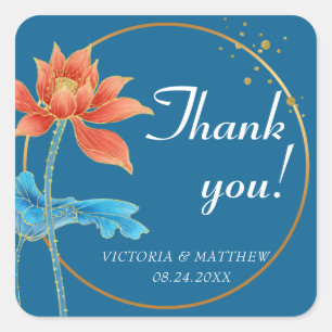 Lotus Flower Orange & Blue Wedding Thank You Square Sticker