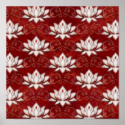 Lotus flower pattern _ red marble and gold poster