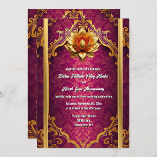 Lotus flower plum gold Hindi Hindu wedding elegant Invitation