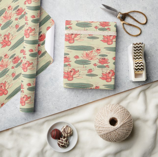 Lotus Flower Pond Pattern in Coral and Sage Green Wrapping Paper (Crafts)