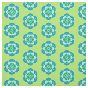 Lotus Flower Print, Lime Green and Light Blue Fabric