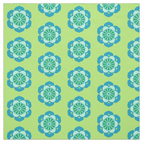 Lotus Flower Print Lime Green and Light Blue Fabric