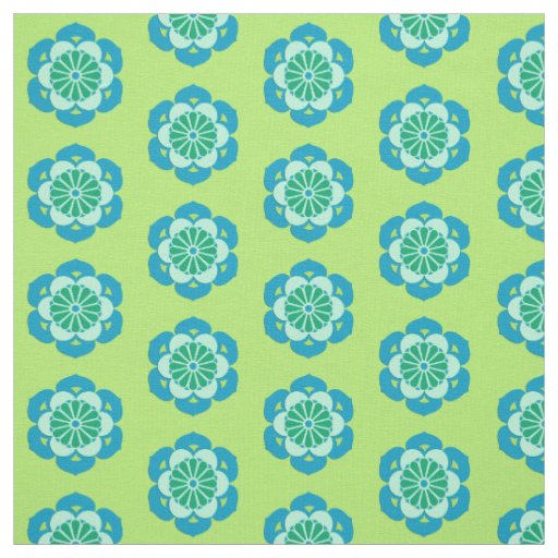 Lotus Flower Print, Lime Green and Light Blue Fabric