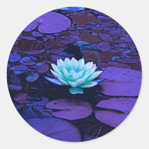 Lotus Flower Purple Blue Turquoise Floral Pond Zen Classic Round Sticker