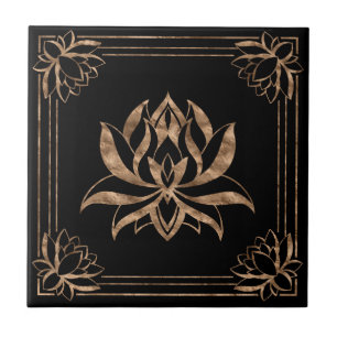 Lotus Flower Square ornament - black and gold Ceramic Tile