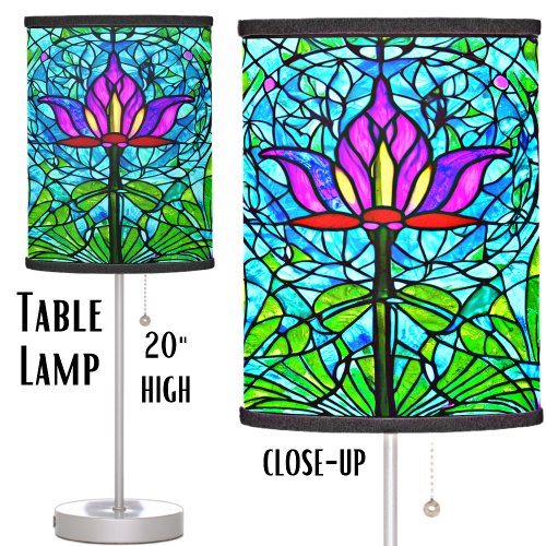 Lotus Flower Stained Glass Purple Green Blue Table Lamp