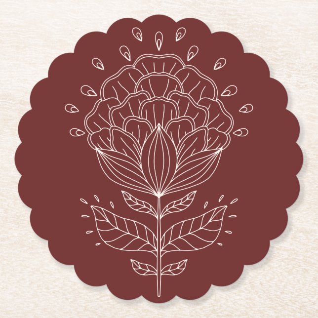Lotus flower white line drawing floral burgundy  b paper coaster (Front)