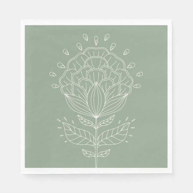 Lotus flower white line drawing floral green stem napkins (Front)