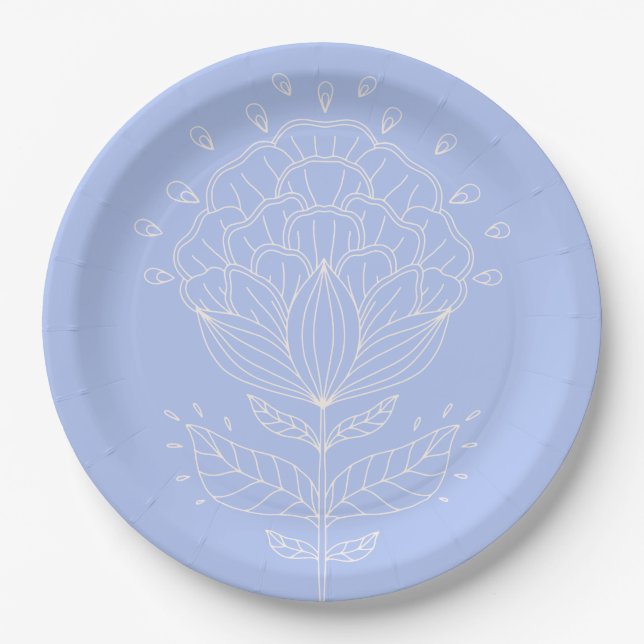 Lotus flower white line drawing floral lilac  paper plates (Front)
