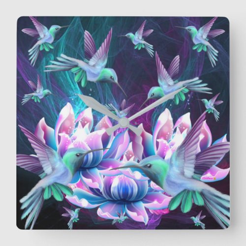 Lotus Flowers And Hummingbirds In Flight   Square Wall Clock