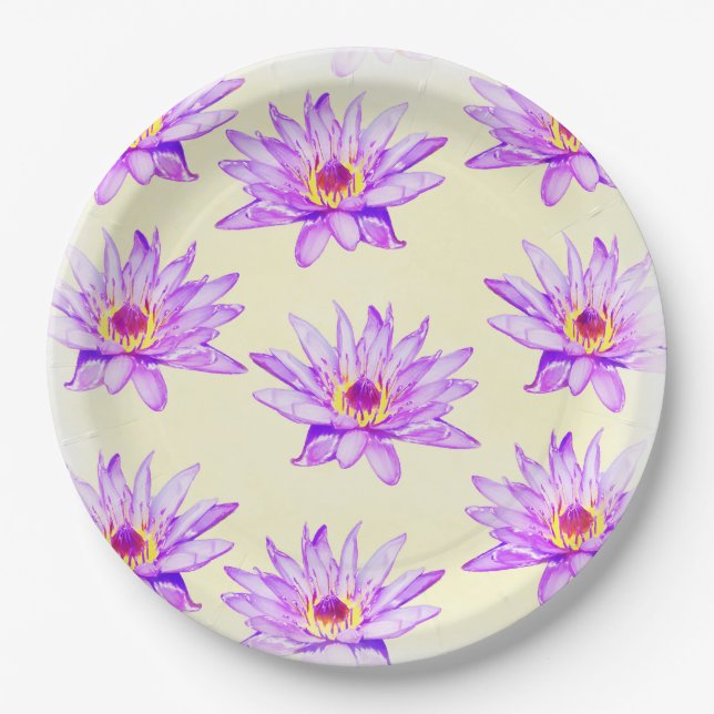 lotus flowers cream inky paper plates (Front)
