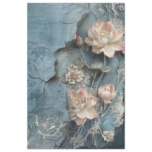 Lotus Flowers  Denim Blue mixed media effects art Tissue Paper