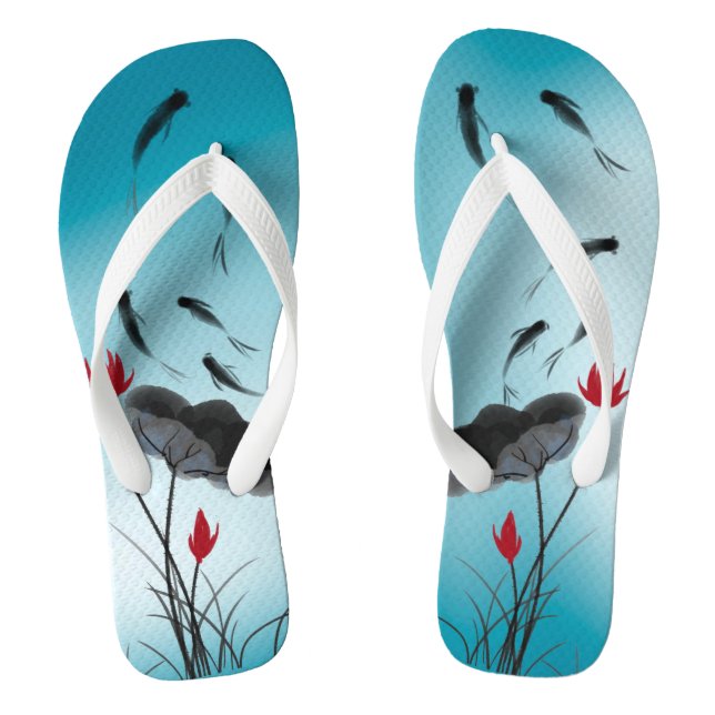 Lotus Flowers & Fish Green Gradient Ink Painting  Flip Flops (Footbed)