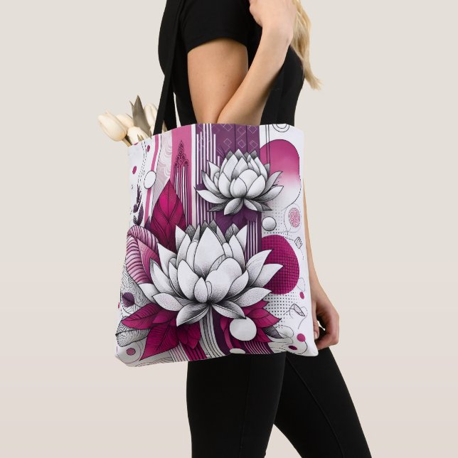 Lotus flowers in Magenta black & white  Tote Bag (Close Up)
