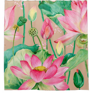 lotus flowers seamless pattern. watercolor botanic shower curtain