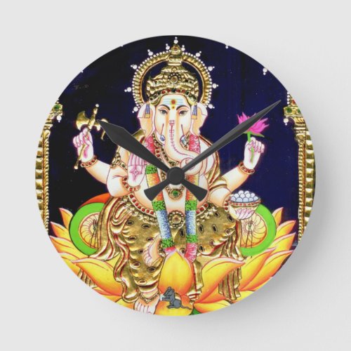 LOTUS GANESHA TANJORE PAINTING ROUND CLOCK