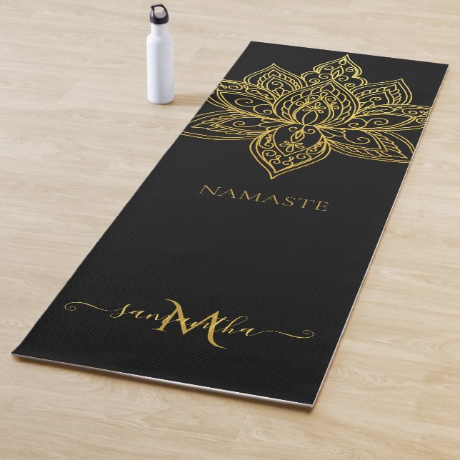 Lotus Gold Mandala Monogram Elegant Black Yoga Mat (In Situ)