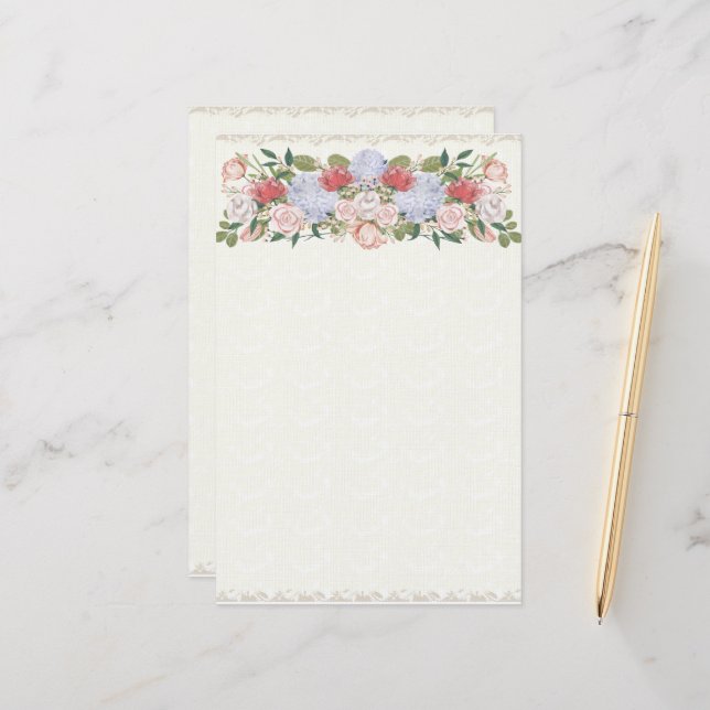 Lotus, Hydrangea and Rose Floral Hedge Stationery (Front/Back In Situ)