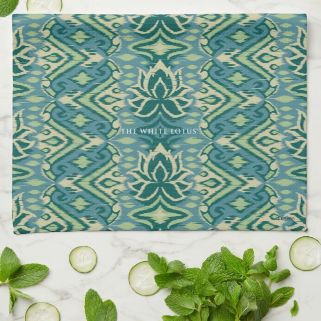 Lotus Ikat Pattern - The White Lotus Kitchen Towel (Folded)