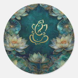 Lotus Indian Ganesh Wedding Green Gold Classic Round Sticker