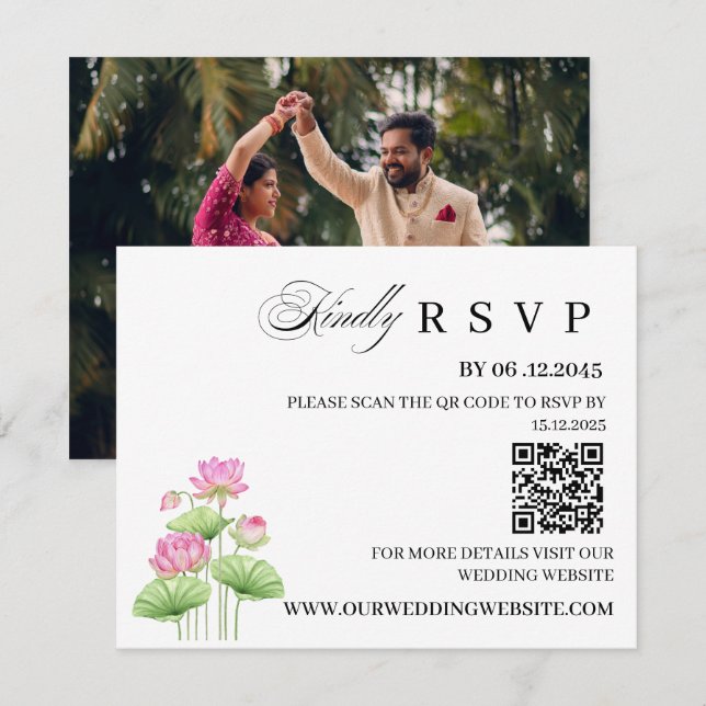 Lotus Indian Wedding RSVP Card with QR Code (Front/Back)