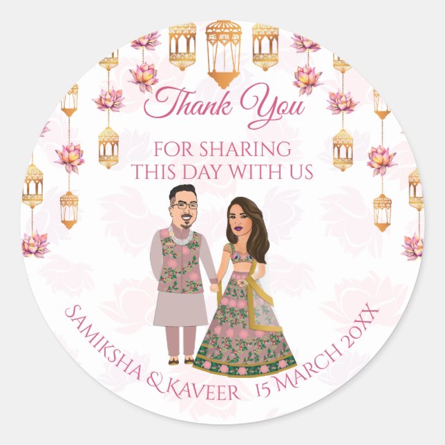 Lotus lanterns Indian wedding personalised favor Classic Round Sticker (Front)