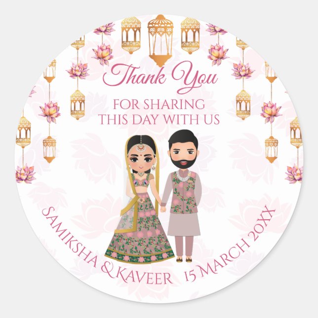 Lotus lanterns Indian wedding personalised favor Classic Round Sticker (Front)
