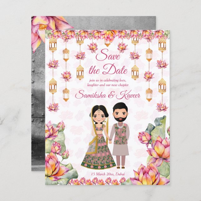 Lotus lanterns Indian wedding save the date invite (Front/Back)