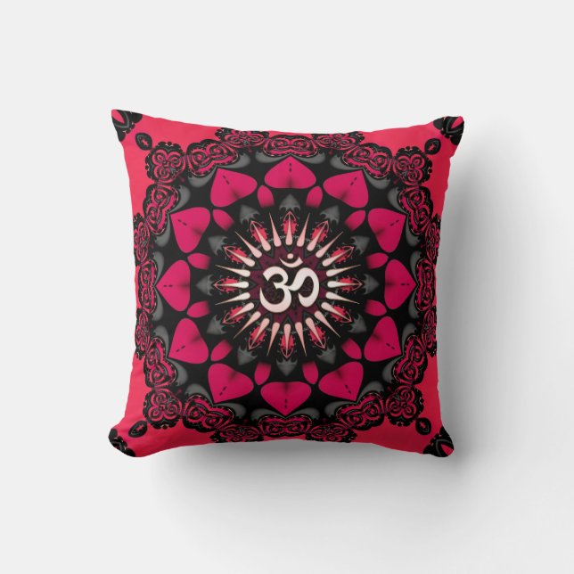 Lotus Love OM Mandala Pink Black Cushion / Pillow (Front)