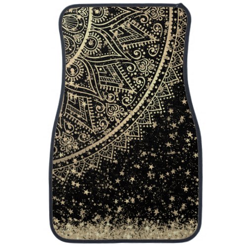 Lotus Mandala Glitter Gold Stars on Black   Car Floor Mat