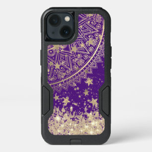 Lotus Mandala Glitter Gold Stars on Purple  iPhone 13 Case
