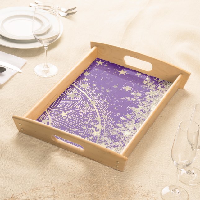 Lotus Mandala Glitter Gold Stars on Purple Serving Tray (Front)
