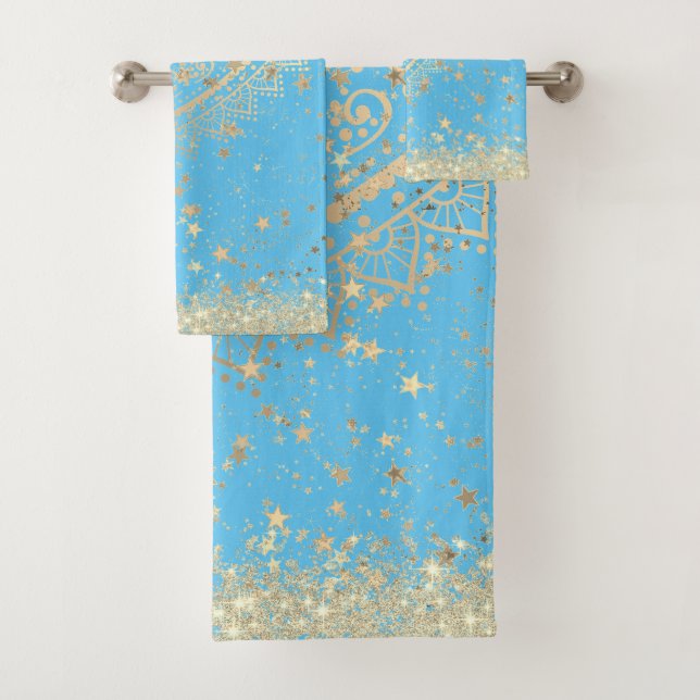 Lotus Mandala Glitter Gold Stars on Turquoise    Bath Towel Set (Insitu)