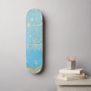 Lotus Mandala Glitter Gold Stars on Turquoise Skateboard