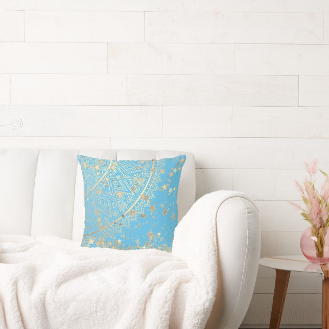 Lotus Mandala Glitter Gold Stars on Turquoise   Throw Pillow (Couch)