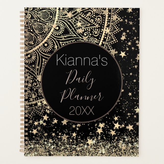 Lotus Mandala Glitter Gold Stars Personalized Planner (Front)