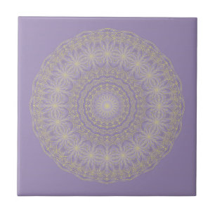 Lotus Mandala in Lilac and Gold Ceramic Tile