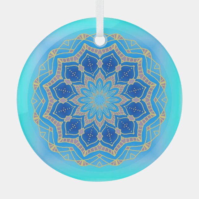Lotus mandala in turquoise and blue glass ornament (Front)